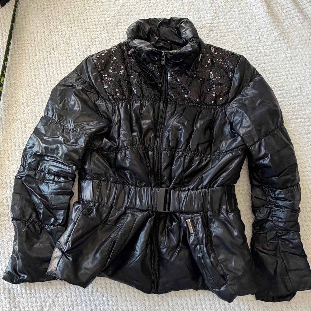 Sean John Women’s Black Sequin Belted Puffer Jacket Large Y2K Glam